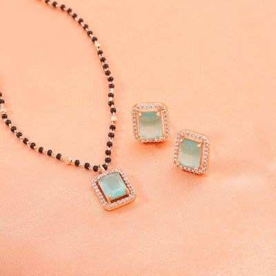Estele Rose Gold Plated CZ Graceful Square Designer Mangalsutra Necklace Set with Mint Green Stone for Women