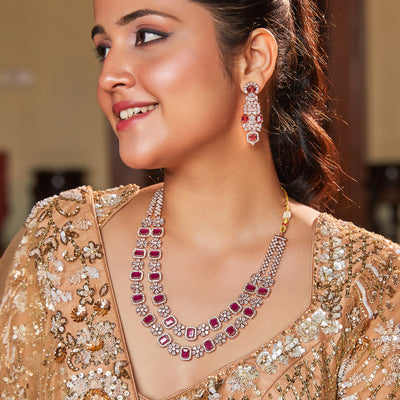 Estele Rose Gold Plated CZ Sparkling Two Layered Dulhan Necklace Set with Ruby Stones for Women