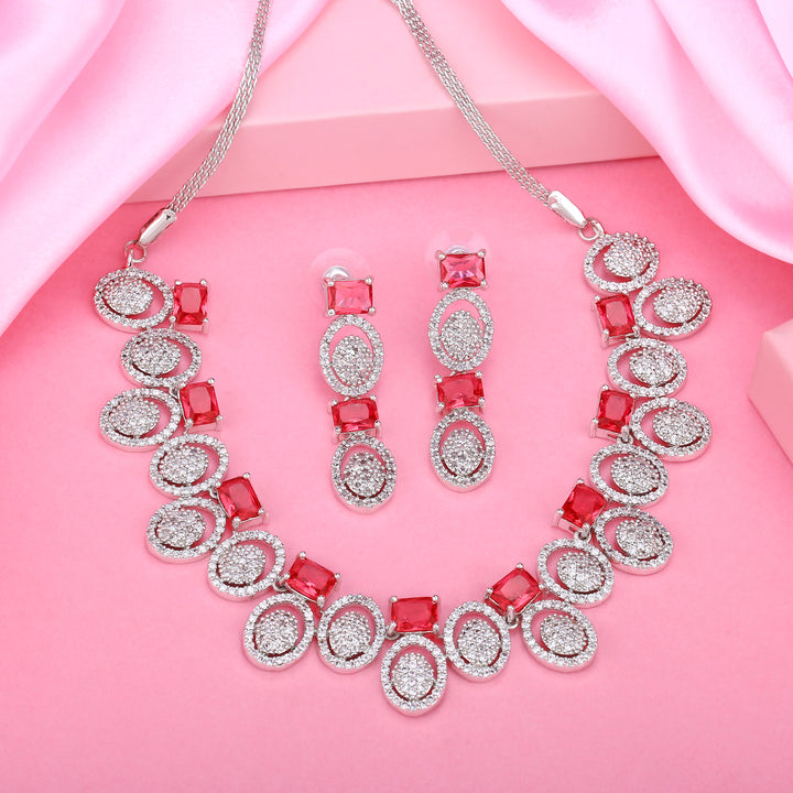 Estele Rhodium Plated CZ Circular Designer Necklace Set with Pink Crystals for Women