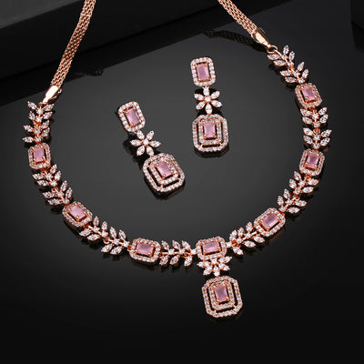 Estele Rose Gold Plated CZ Classic Designer Necklace Set with Mint Pink Stones for Women