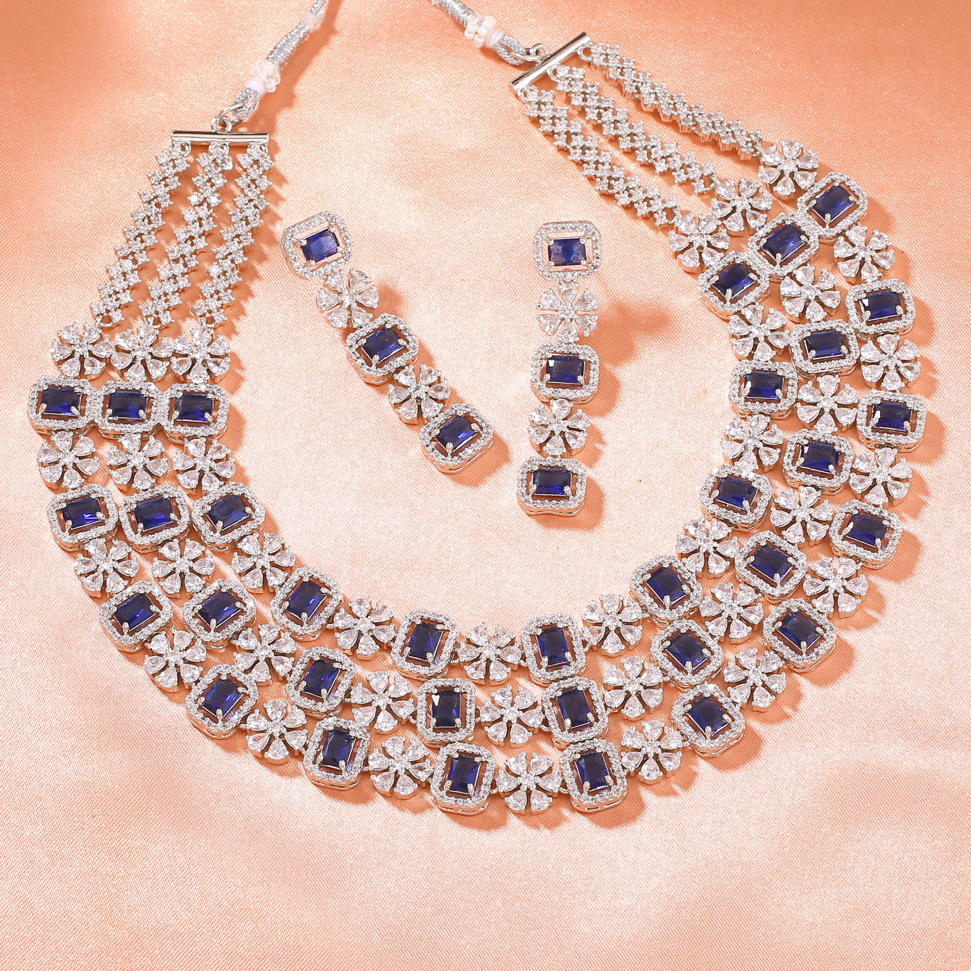 Estele Rhodium Plated CZ Astonishing Three Layered Necklace Set with Blue and White Crystals for Women