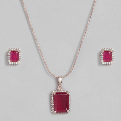 Estele Rose Gold Plated CZ Attractive Square Designer Pendant Set with Ruby Crystals for Women