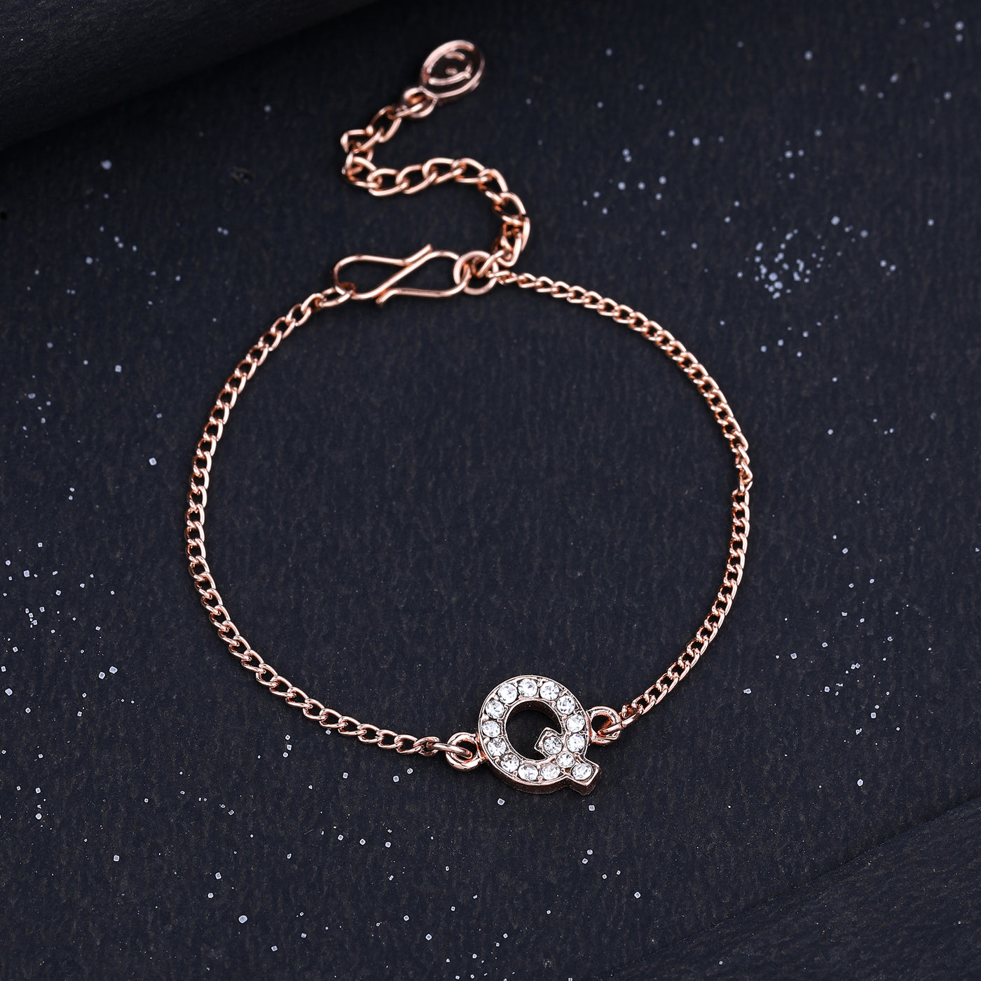 Estele Rose Gold Plated Captivating Medium 'Q' Letter Bracelet with Crystals for Women