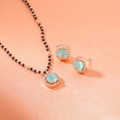 Estele Rose Gold Plated CZ Sparkling Square Designer Mangalsutra Necklace Set with Mint Green Stones for Women