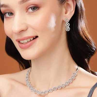 Estele Rhodium Plated Zircon Rotating Glitter Necklace Set for Women