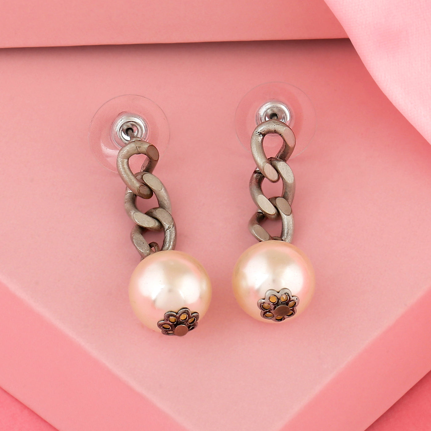 Estele Rhodium Plated Cuban chain pearl Drop Earrings for women