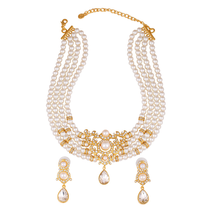 Estele Gold Plated- Elegant Pearl and Diamond Choker Necklace set for Women