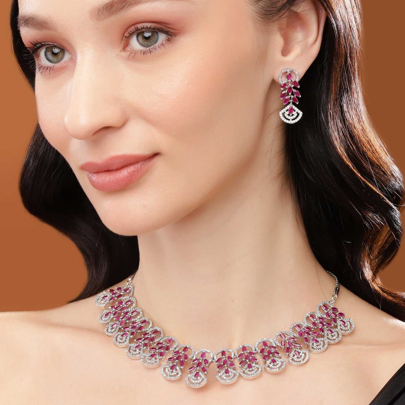 Estele Rhodium Plated CZ Marquise Melody Necklace Set with Ruby Crystals for Women