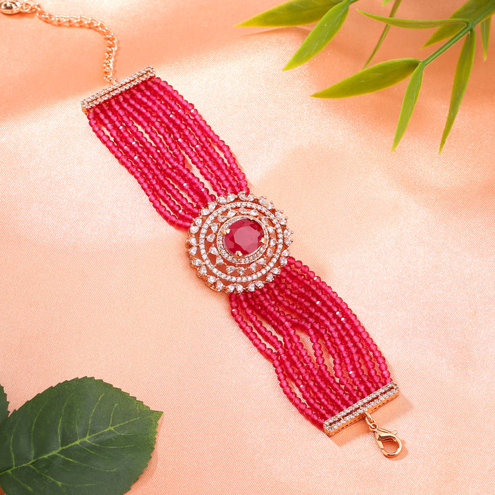 Estele Rose Gold Plated CZ Gorgeous Multi-Layered Bracelet with Ruby Stones for Women