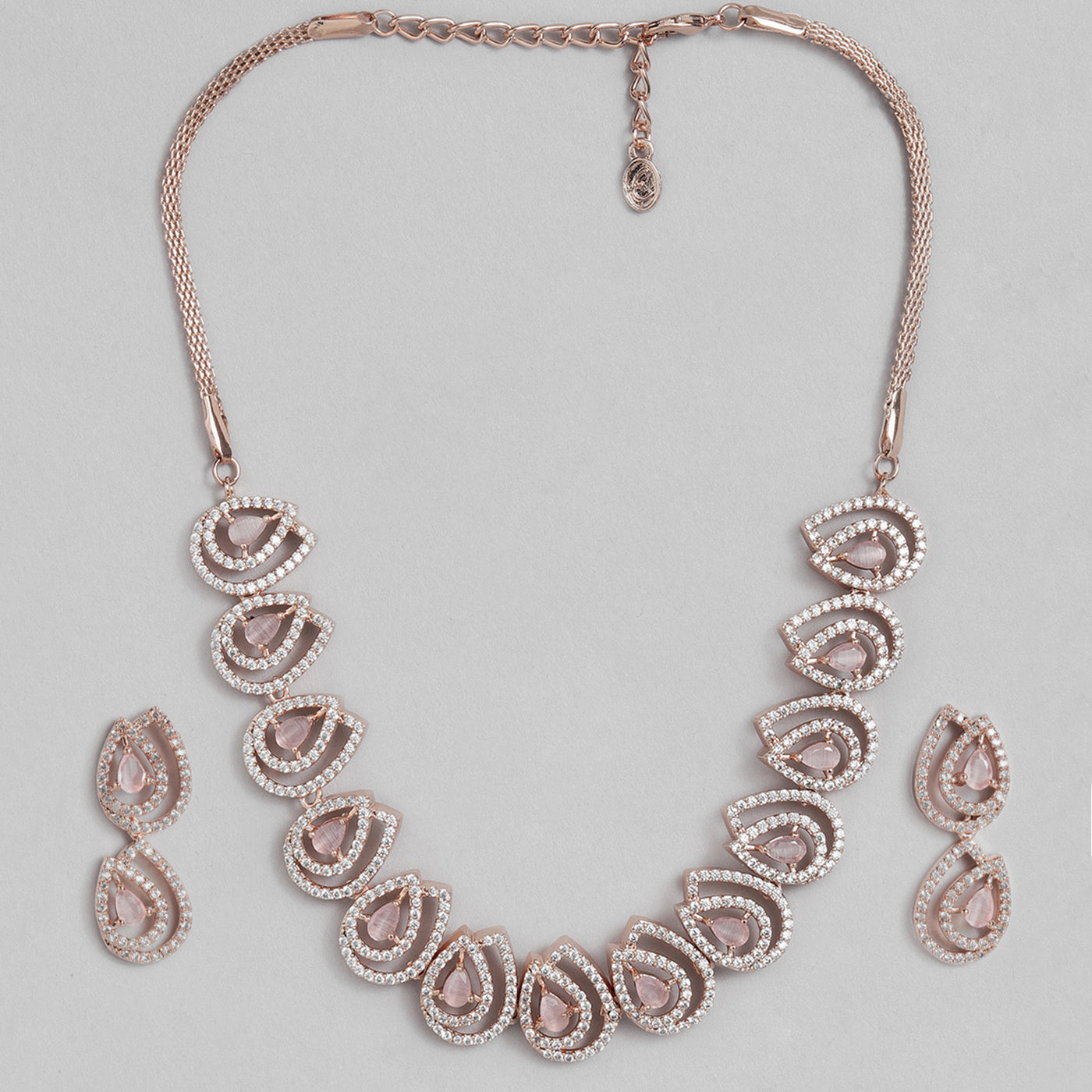 Estele Rose Gold Plated Sparkling Necklace Set with Mint Pink Stones for Women