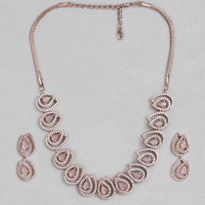 Estele Rose Gold Plated Sparkling Necklace Set with Mint Pink Stones for Women