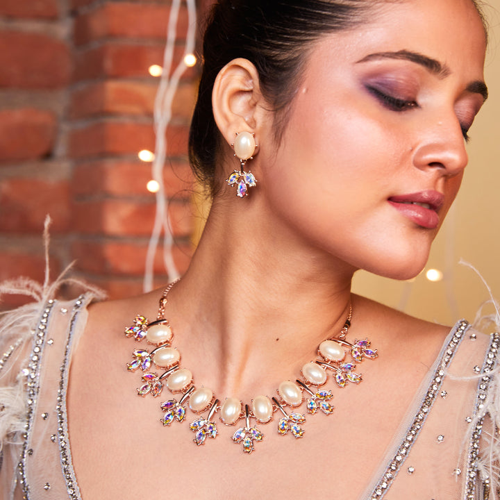 Estele Rosegold Plated Fascinating Necklace Set with Pearls for Women