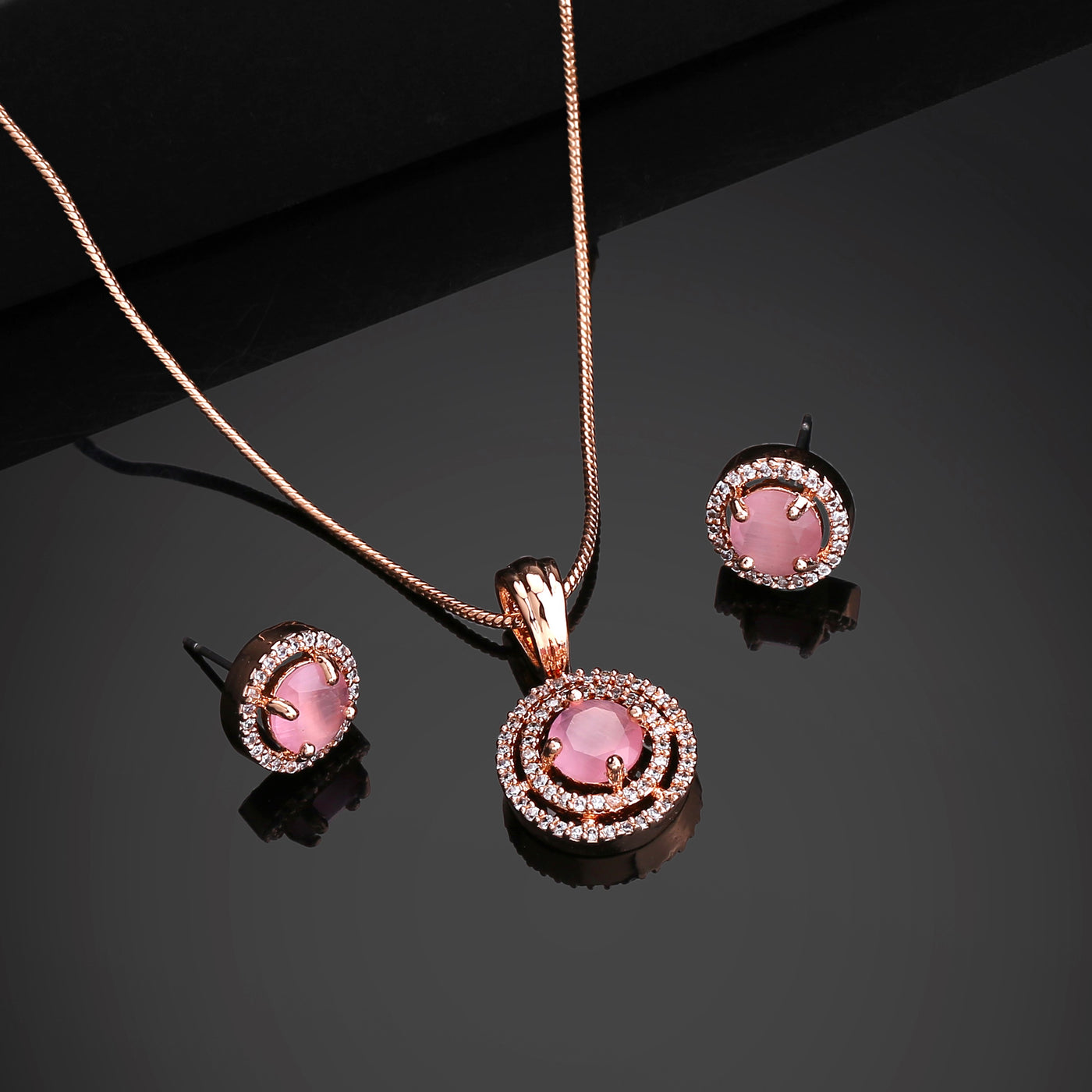 Estele Rose Gold Plated CZ Circular Designer Pendant Set with Mint Pink Stones for Women