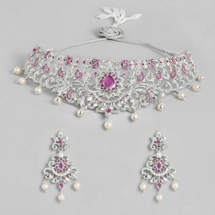 Estele Rhodium Plated CZ Magnificent Bridal Necklace Set with Red Stones & Pearls for Women