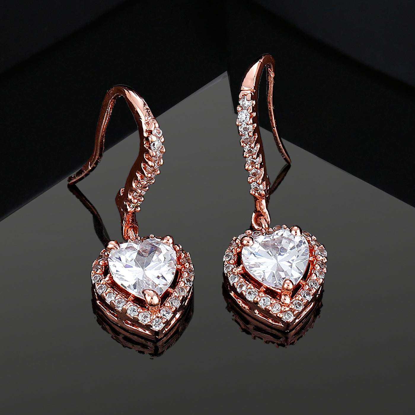 Estele Rose Gold Plated CZ Heart Drop Earrings for Women