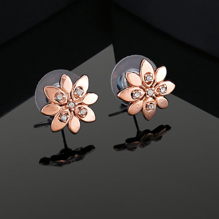 Estele Rose Gold Plated Flower Shaped Stud Earrings with Crystals for Women