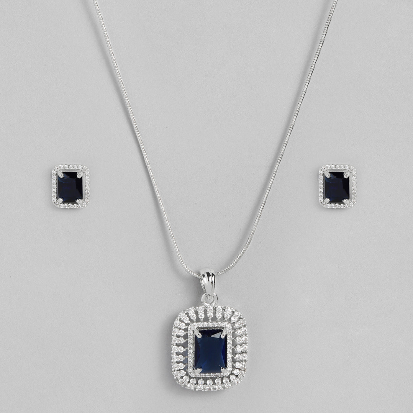 Estele Rhodium Plated CZ Sparkling Square Designer Pendant Set with Blue Crystals for Women