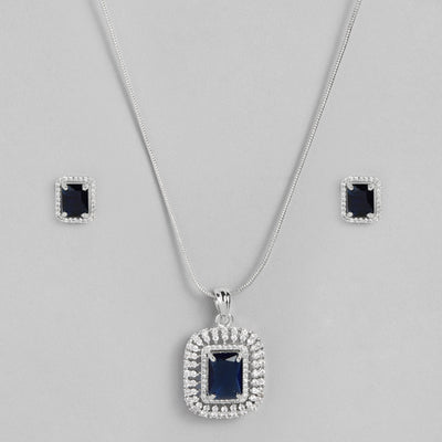 Estele Rhodium Plated CZ Sparkling Square Designer Pendant Set with Blue Crystals for Women