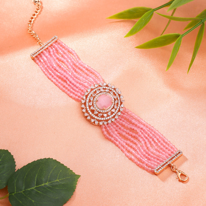 Estele Rose Gold Plated CZ Sparkling Multi-Layered Bracelet with Mint Pink Stones for Women