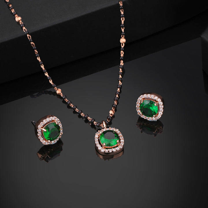 Estele Rose Gold Plated CZ Sparkling Square Designer Mangalsutra Necklace Set with Green Stones for Women