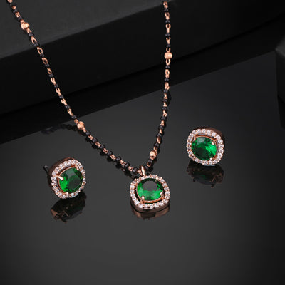 Estele Rose Gold Plated CZ Sparkling Square Designer Mangalsutra Necklace Set with Green Stones for Women