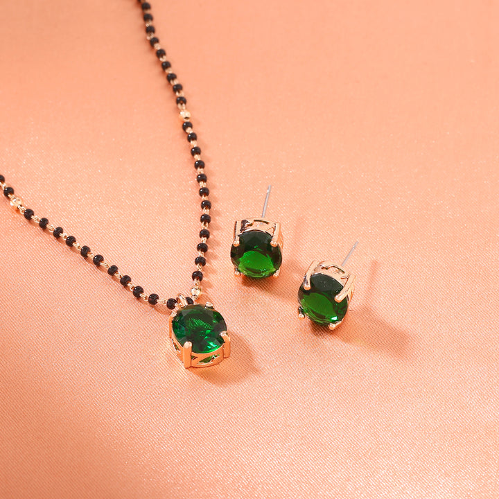 Estele Rose Gold Plated CZ Elegant Round Designer Mangalsutra Necklace Set with Emerald Stones for Women
