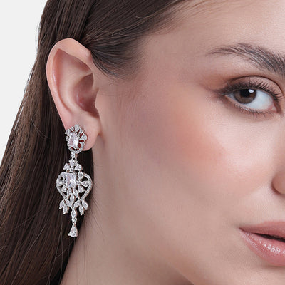 Estele Rhodium Plated CZ Magnificent Designer Drop Earrings for Women