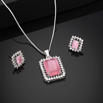 Estele Rhodium Plated CZ Square Designer Pendant Set with Mint Pink for Women