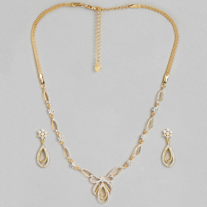 Estele 24 Kt Gold Plated Oval Halo American Diamond Necklace Set For Women