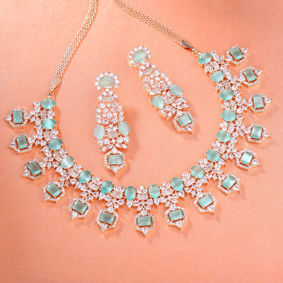 Estele Rose Gold Plated CZ Astonishing Necklace Set with Mint Green Stones for Women