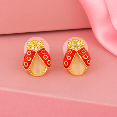 Estele Gold Plated Pearl Lady bug Stud Earrings for women