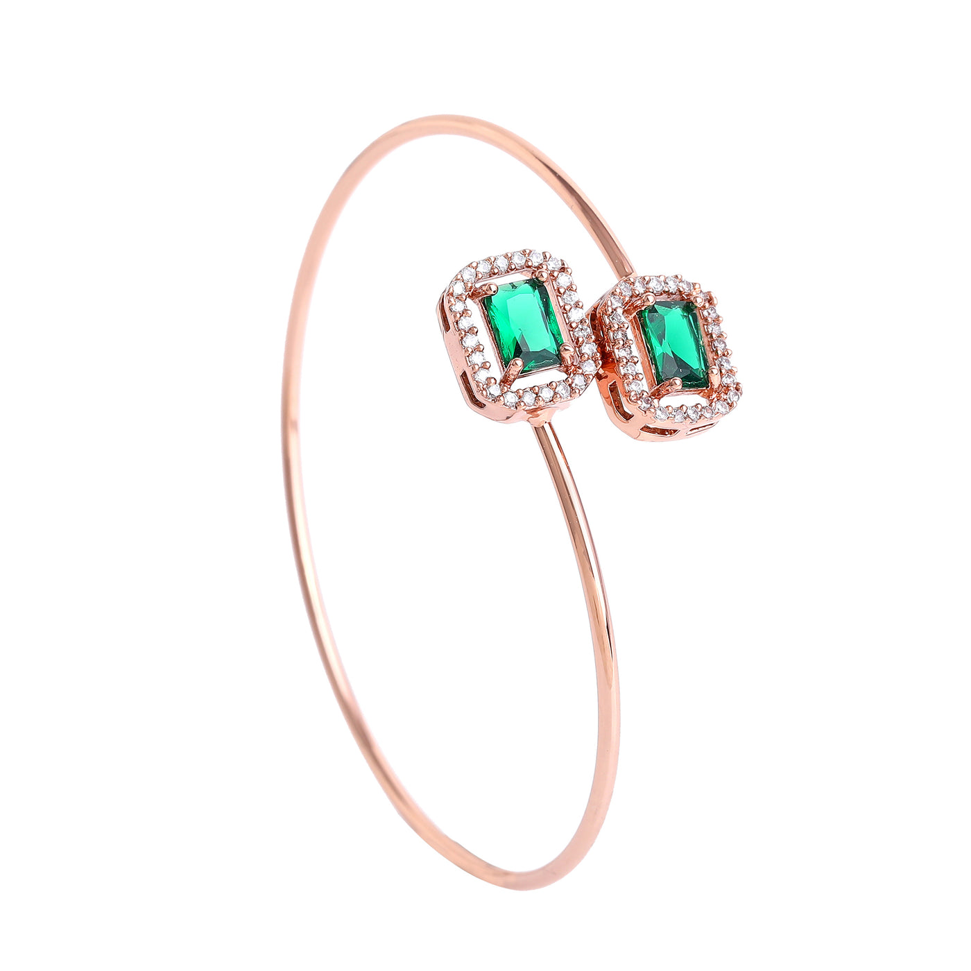 Estele Rosegold Plated Gorgeous Square Designer Lightweight Cuff Kada Bracelet with Green American Diamonds for Women