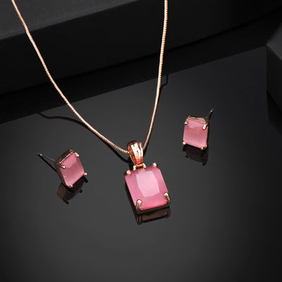 Estele Rose Gold Plated CZ Square Designer Pendant set with Mint Pink Stones for Women