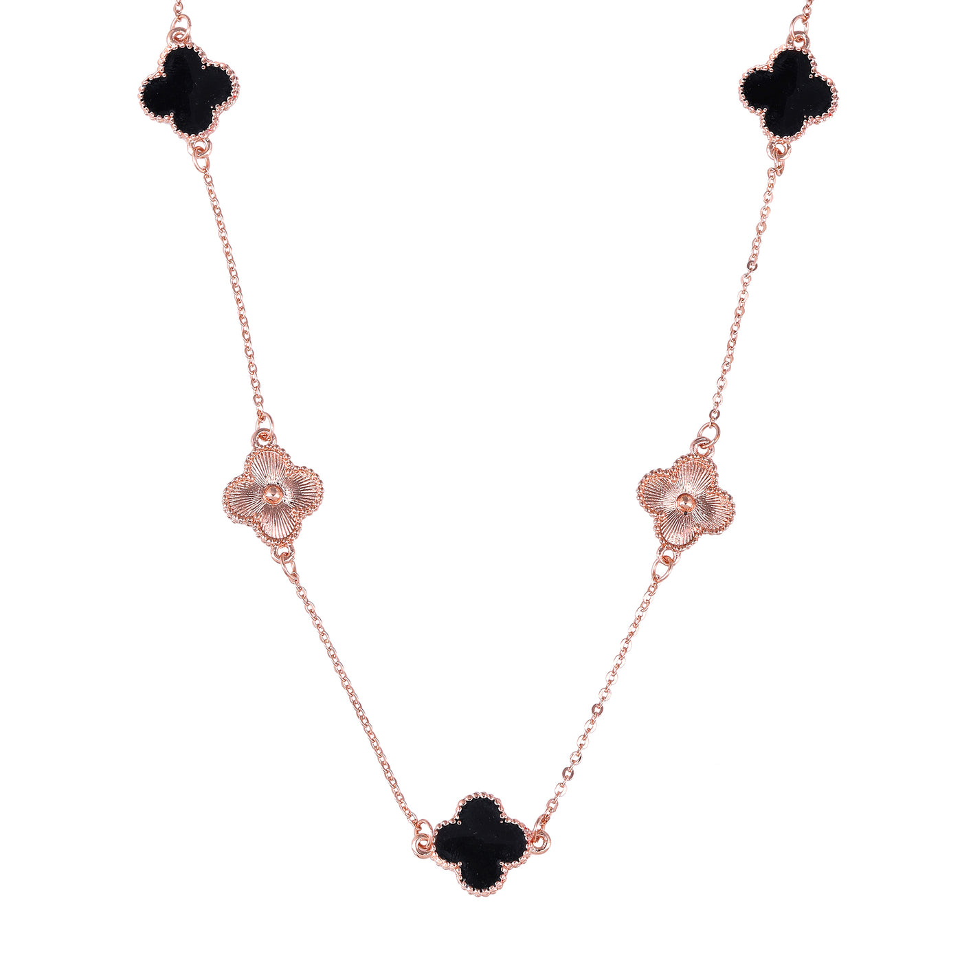 Estele Rosegold Plated Black Enamel Elegant Four Leafy Designer Long Pendant Necklace with Adjustable Chain for Women and Girls