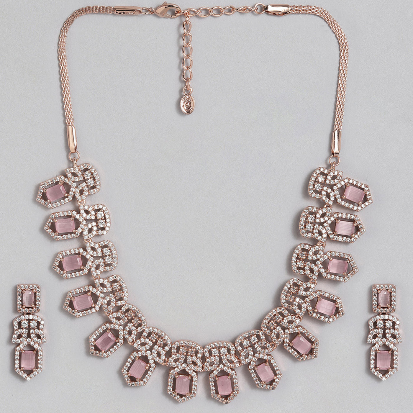 Estele Rose Gold Plated CZ Shimmering Necklace Set with Mint Pink Stone for Women