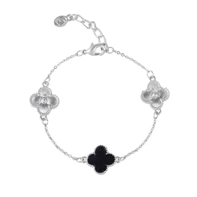 Estele Rhodium Plated Fancy & Stylish Black Clover Leaf Designer Adjustable Charm Bracelet for Girls and Women