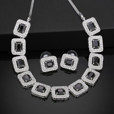 Estele Rhodium Plated CZ Shimmering Necklace Set with Black Crystals for Women