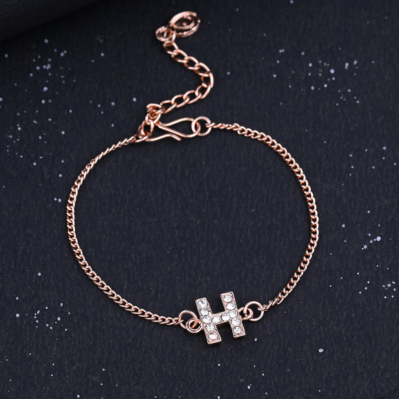 Estele Rose Gold Plated Captivating Medium 'H' Letter Bracelet with Crystals for Women