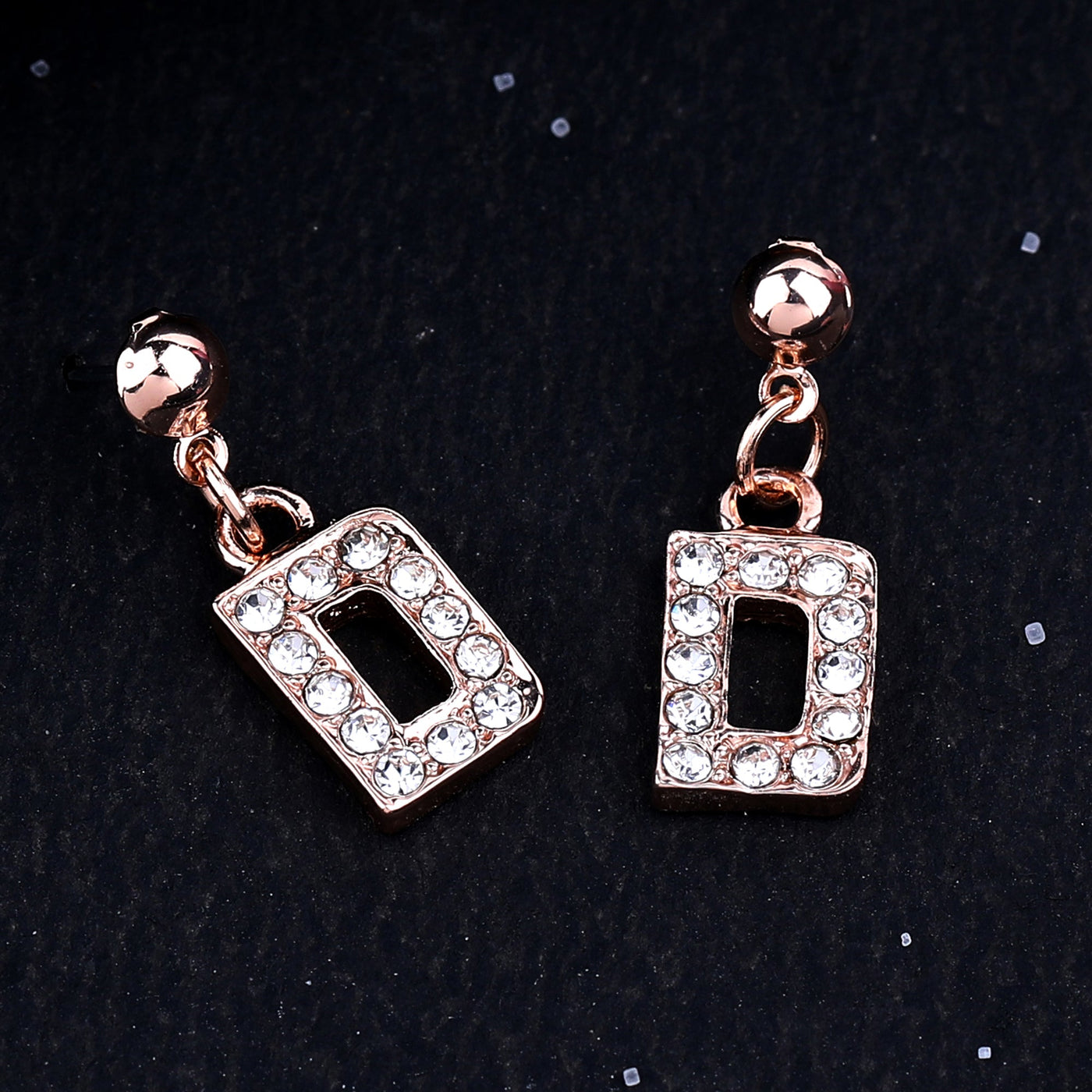 Estele Rose Gold Plated Magnificent Medium 'D' Letter Earrings with Crystals for Women