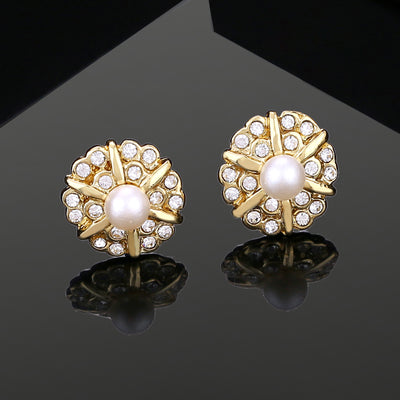 Estele Gold Plated Flower Designer Stud Earrings with Crystals for Women
