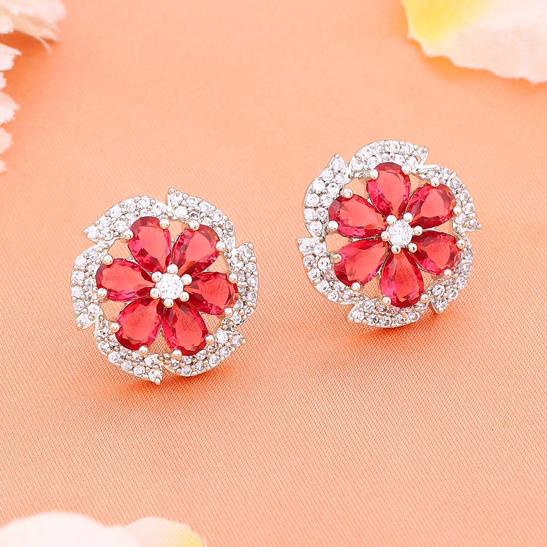 Estele Rhodium Plated CZ Lovely Blossom Stud Earrings with Tourmaline Pink Stones for Women