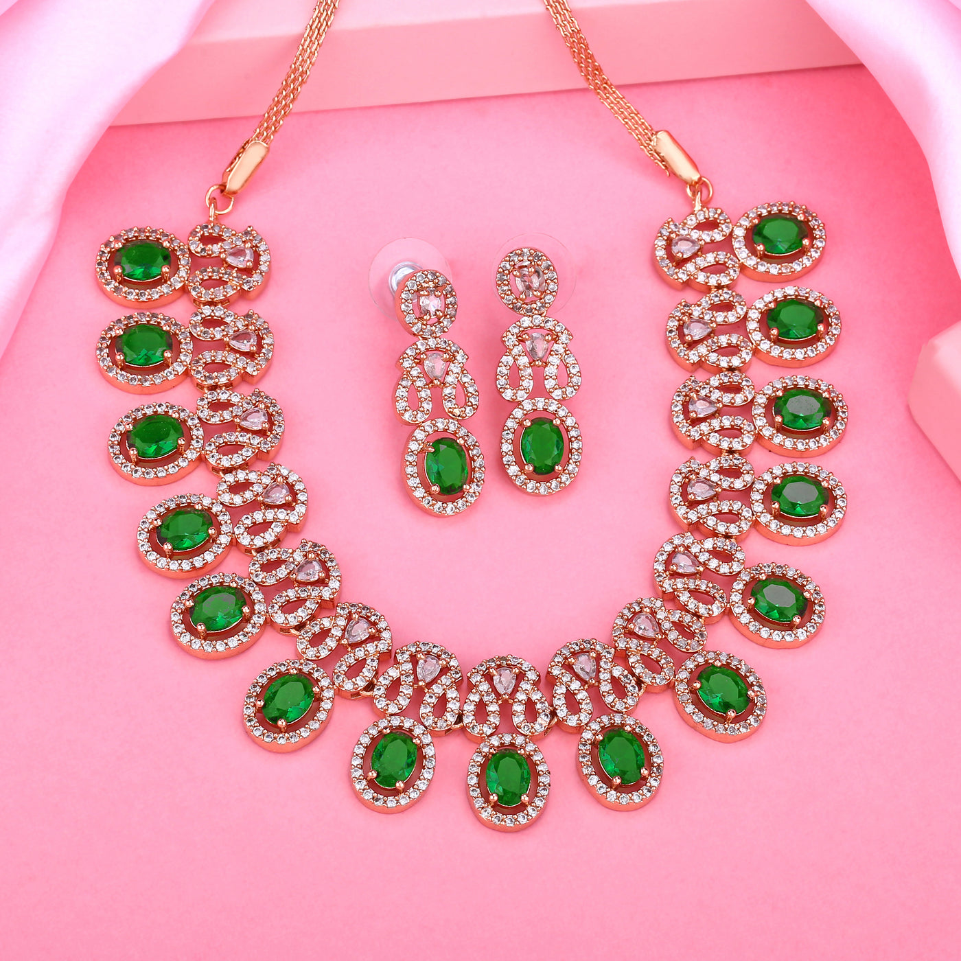 Estele Rose Gold Plated CZ Sparkling Necklace Set with Green Crystals for Women