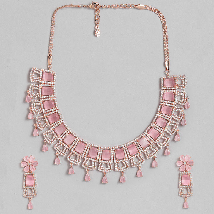 Estele Rose Gold Plated CZ Glimmering Dulhan Necklace Set with Mint Pink Stones for Women
