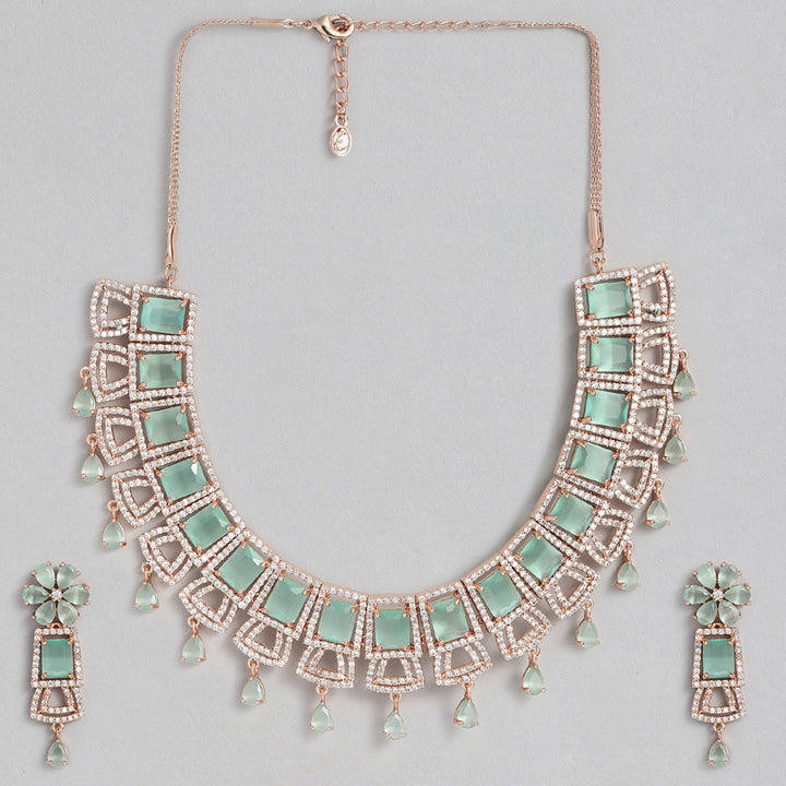 Estele Rose Gold Plated CZ Glimmering Dulhan Necklace Set with Mint Green and White Crystals for Women