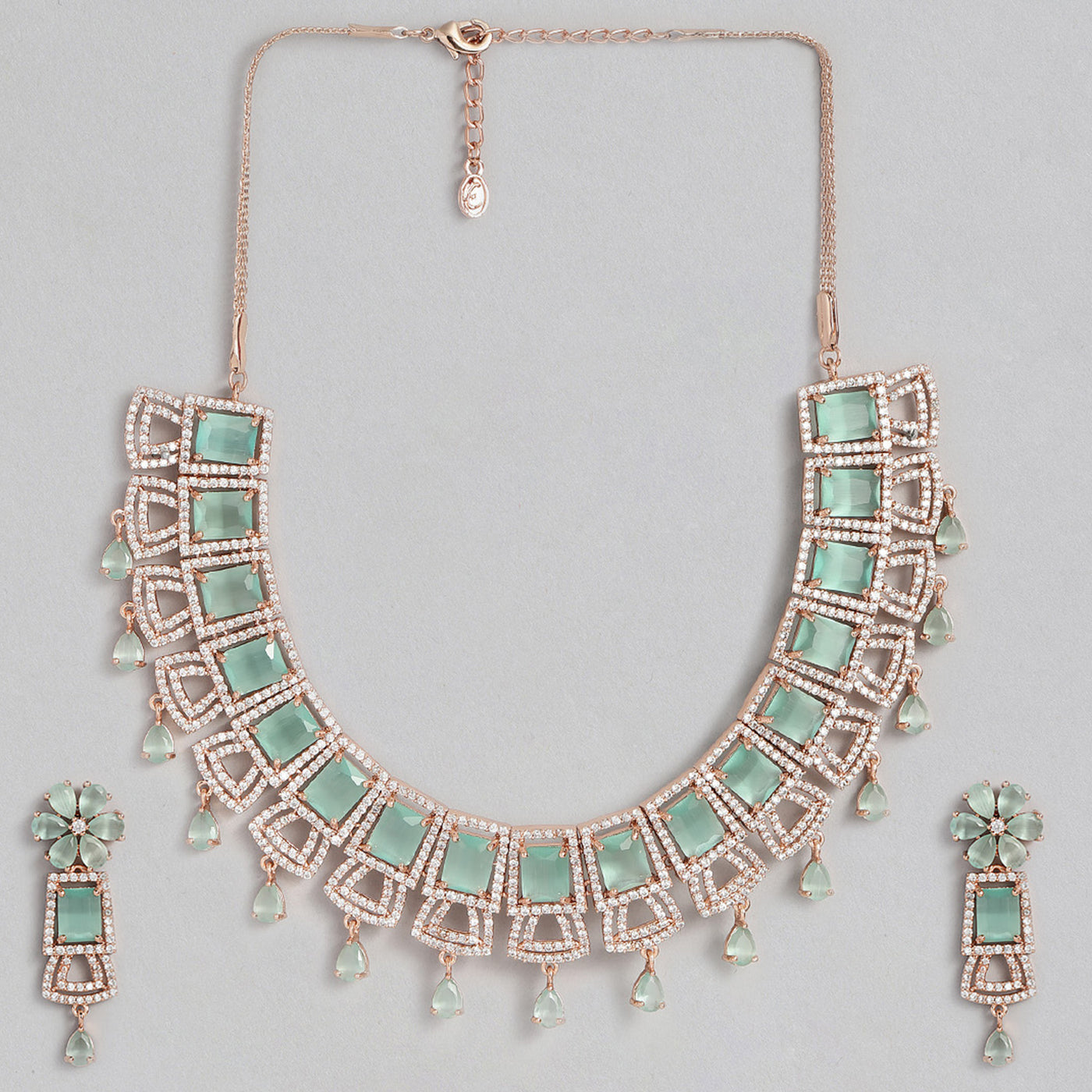 Estele Rose Gold Plated CZ Glimmering Dulhan Necklace Set with Mint Green and White Crystals for Women