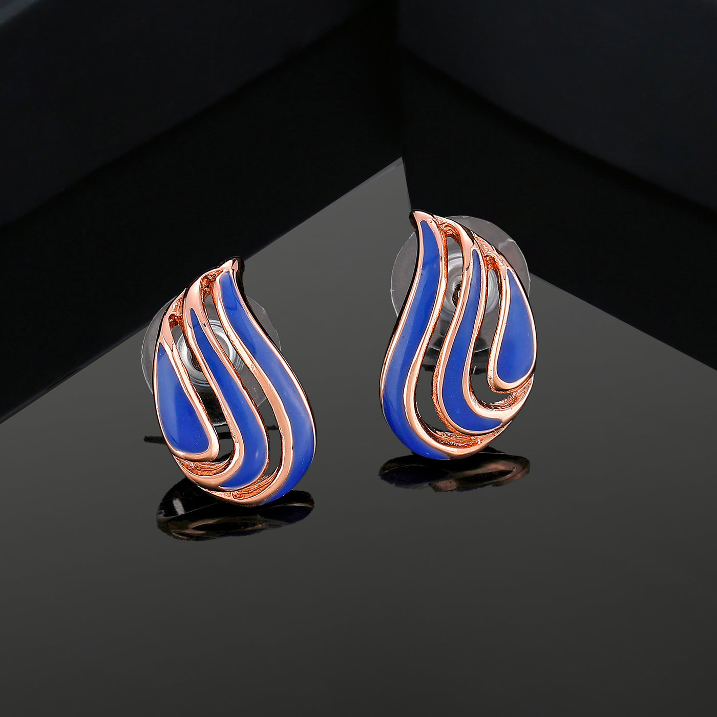 Estele Rose Gold Plated Leaf Designer Stud Earrings with Blue Enamel for Women