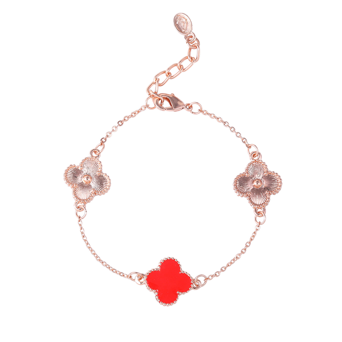 Estele Rosegold Plated Fancy Red Clover Leaf Designer Adjustable Charm Bracelet for Girls and Women