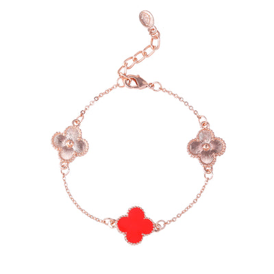 Estele Rosegold Plated Fancy Red Clover Leaf Designer Adjustable Charm Bracelet for Girls and Women