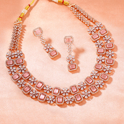 Estele Rose Gold Plated CZ Captivating Double Layered Necklace Set with Mint Pink & White Crystals for Women