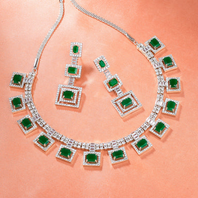 Estele Rhodium Plated CZ Geometric Designer Necklace Set with Emerald Crystals for Women